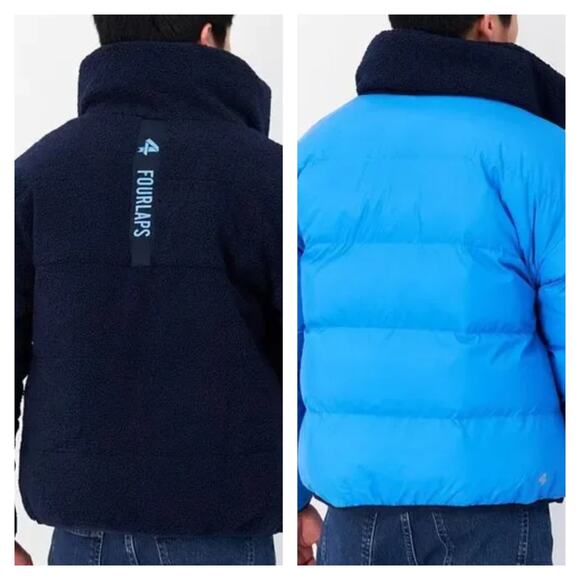 Fourlaps Polar Quilted Reversible Unisex Navy Blue Sherpa Jacket - Size S - NWT - Picture 2 of 15